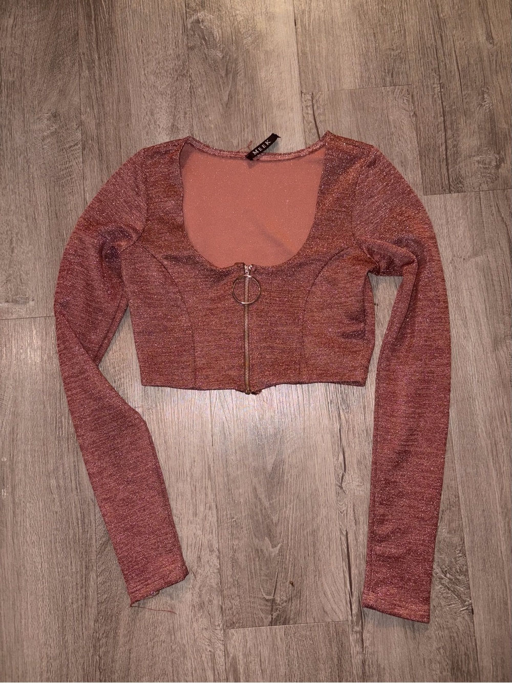Shimmery Dark Pink Long-Sleeve Crop Top with Zip